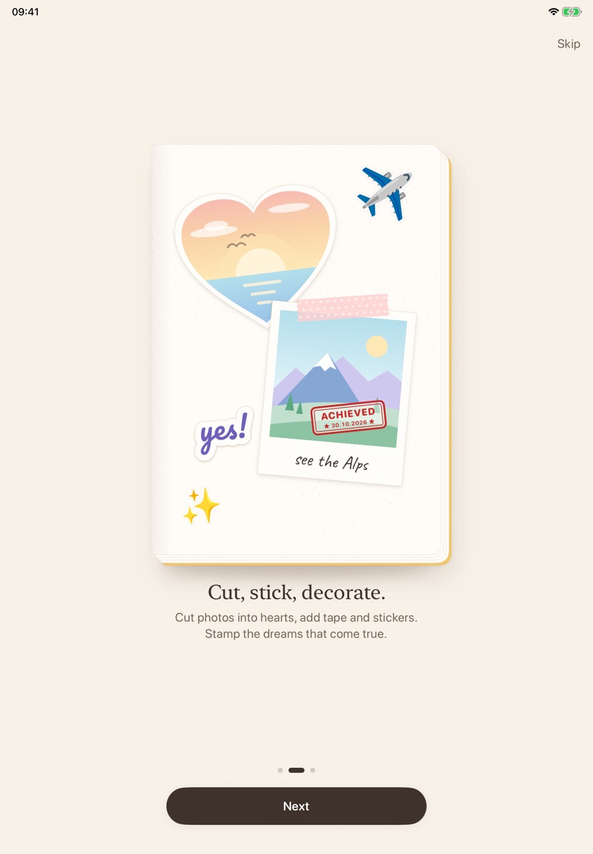 Moju on iPad: a collage page with polaroids and stickers