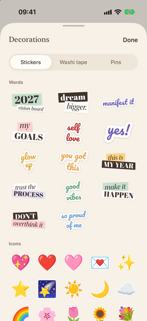 The sticker picker with hand-lettered words and icons